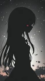 Silhouette girl with glowing red eyes under starlit sky.