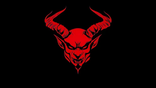 Horned red demon emblem on stark black minimalist field.