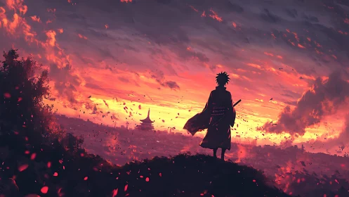 Samurai silhouette above burning city at vivid sunset.