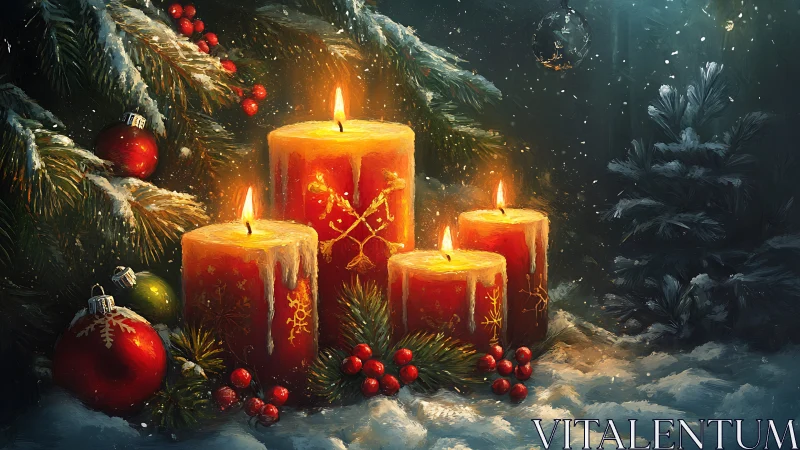 Four wax candles illuminate snow-laden fir branches and ornaments