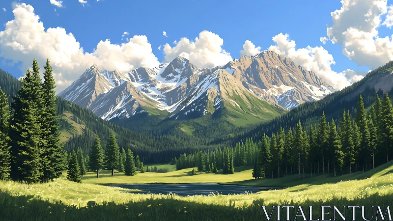 Snow-capped mountains rise behind conifer forest and meadow