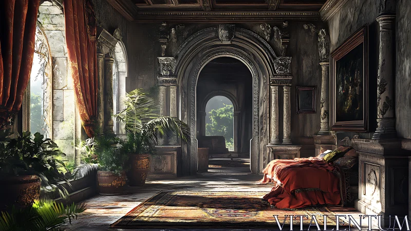 Sunlit gothic corridor unfolds into a lush secret garden