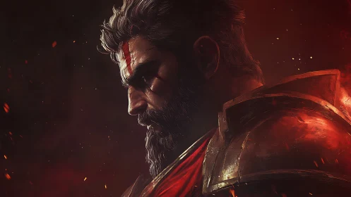 Battle-scarred warrior turns inward amid burning embers