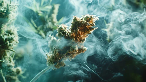 Macro cannabis cola in dense swirling smoke, teal backlight