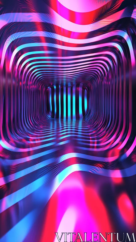 Neon waveguide tunnel with chromatic reflections and depth fields.