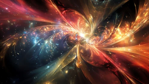 Fractal light forms intersect across a multicolored spatial field