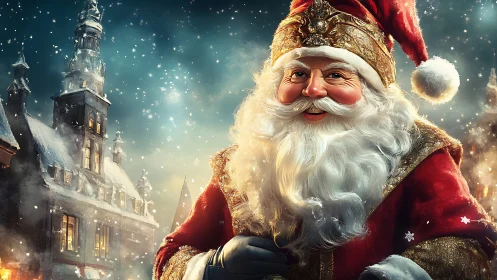 Festive Santa portrait in ornate red coat, snowy town backdrop.