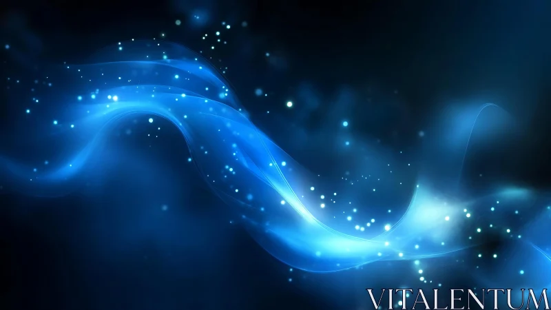Abstract glowing blue wave with sparkling light particles, digital art.