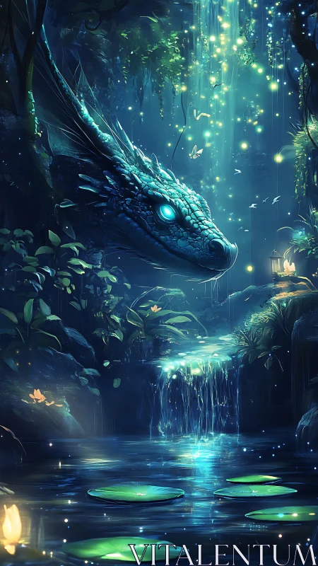 Luminous dragon guardian watching over enchanted lagoon.