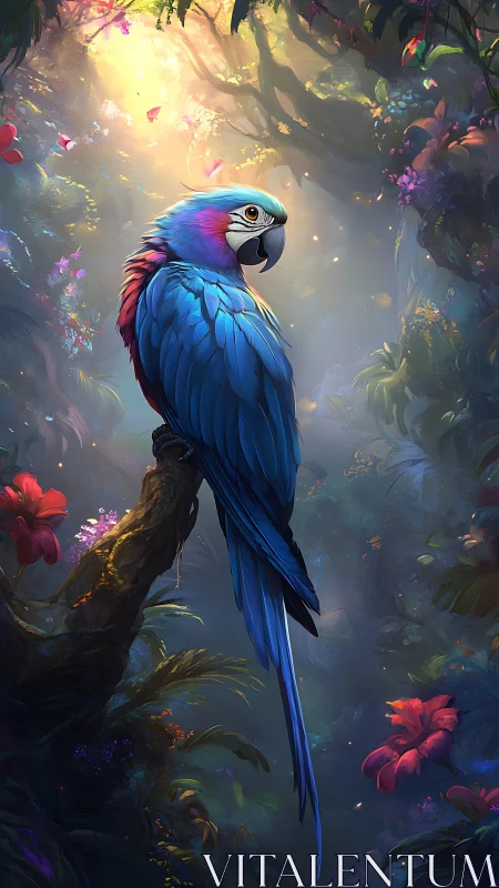 Blue parrot perches on branch in dense, glowing rainforest