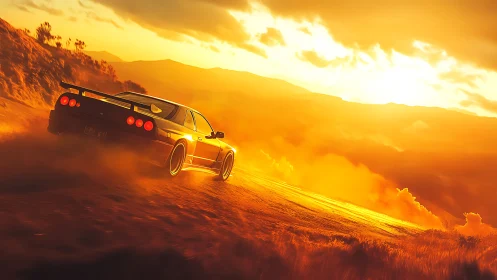 Sunset drift sports car racing across dusty mountain road.