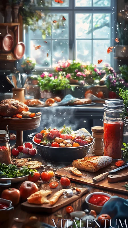 Sunlit rustic kitchen table loaded with vibrant garden feast.
