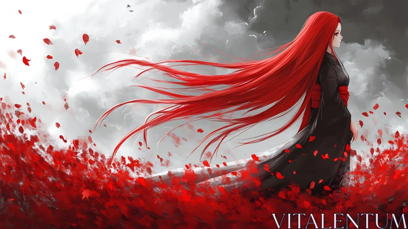Scarlet-haired woman in black amid raging red petals storm.