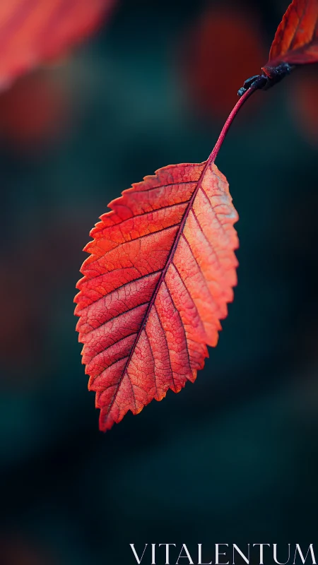 Crimson autumn leaf glows against deep teal bokeh field.