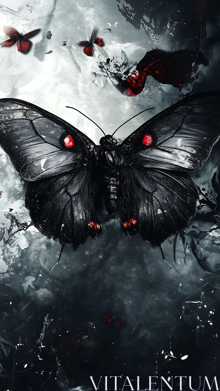 Obsidian butterfly with crimson accents in stormed void.