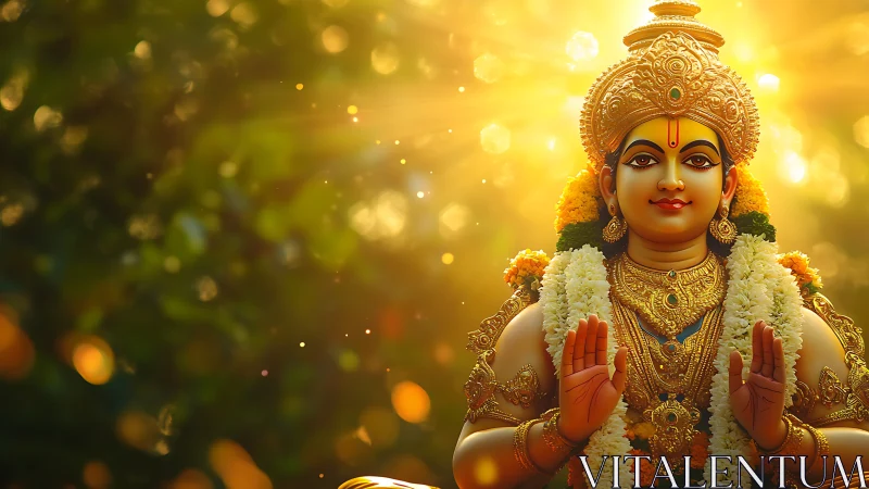 Sun-drenched deity statue bathed in golden sacred radiance.
