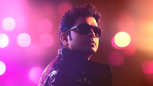 Studio portrait of man in sunglasses with neon bokeh lights