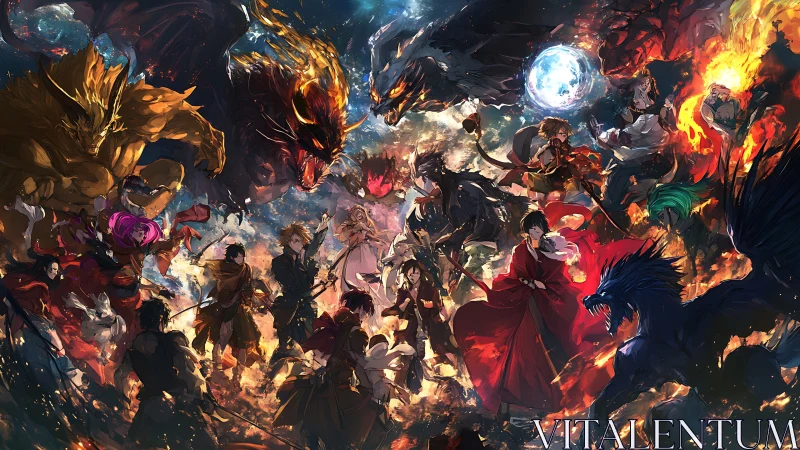 Epic anime battle tableau uniting heroes, beasts and cosmic forces