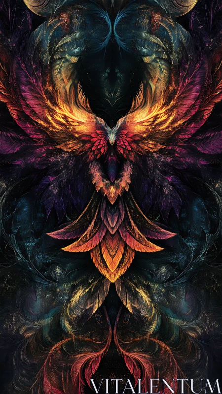 Fractal phoenix ascends through mirrored luminous plumage.