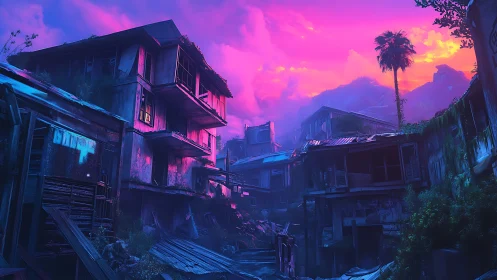 Neon dusk over overgrown postwar tenements in ruinous valley