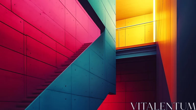 Color-blocked geometric stairwell in bold neon light.