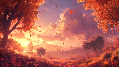 Storm of autumn leaves under glowing sunset skyscape.