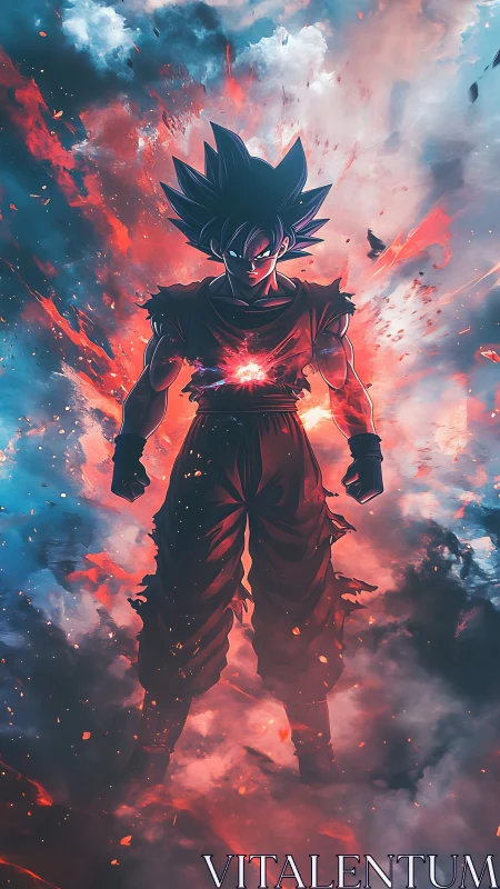 Blazing anime warrior stands calm within swirling cosmic fire
