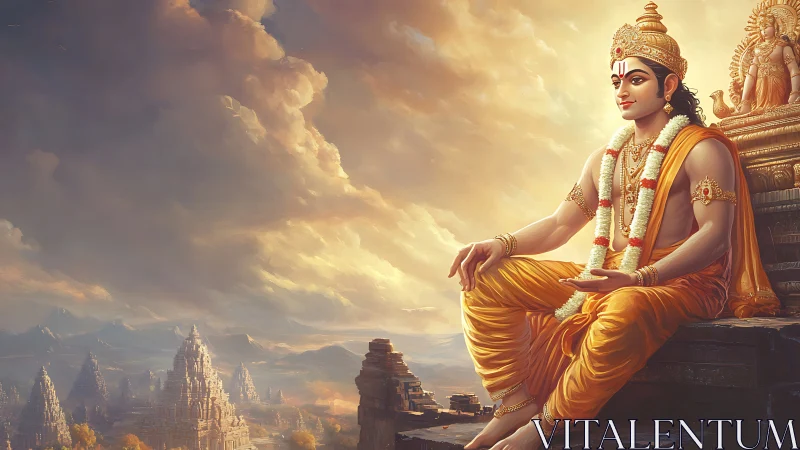 Golden divine king gazes over sunlit celestial templescape.