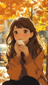 Autumn street anime portrait with warm bokeh illumination.