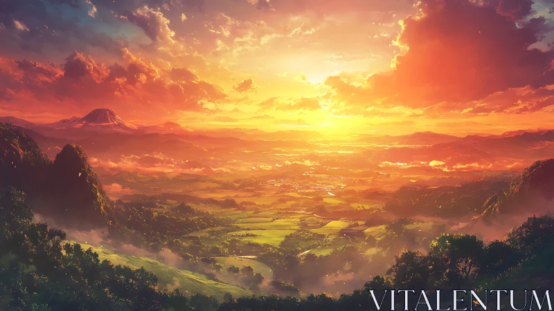 Wide valley landscape under intense sunset illumination.