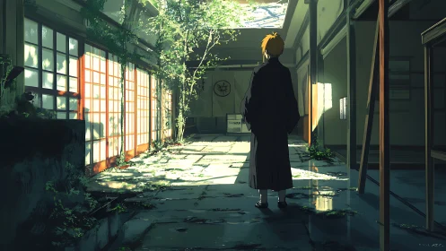 Sunlit temple hallway waits as a lone wanderer listens