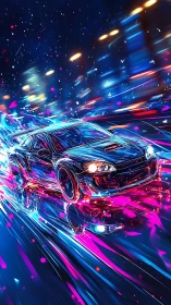 Neon sports car racing through futuristic city lights.