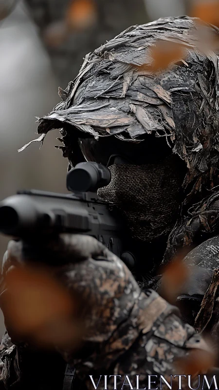 Camouflaged sniper aims rifle through dense natural cover