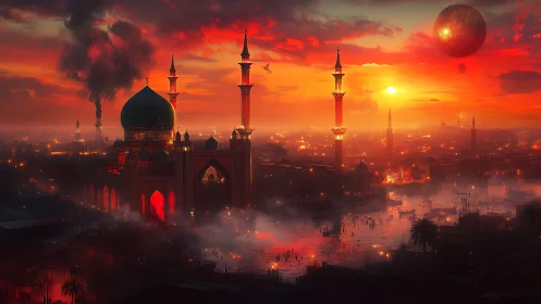 Futuristic mosque skyline under red sunset and twin moons.