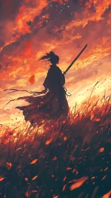 Samurai silhouette holds katana under blazing sunset sky.