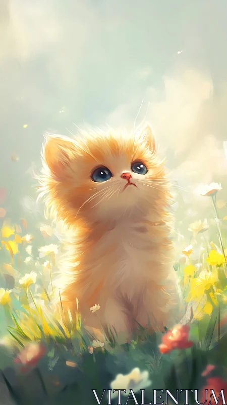 Orange and White Kitten in Flower Field Setting
