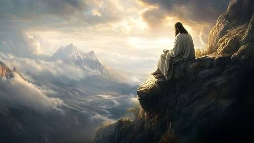 Solitary robed figure over luminous mountain valley vista.