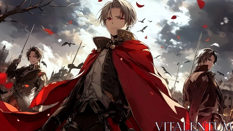 Red-caped anime swordsman leading two warriors in ruins