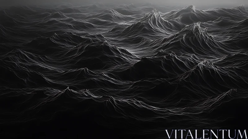 Monochrome wireframe landscape forms layered wave-like ridges