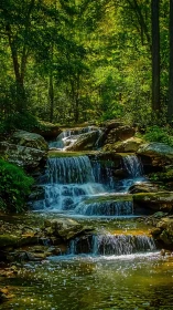 Tiered forest cascade with luminous riparian microclimate.