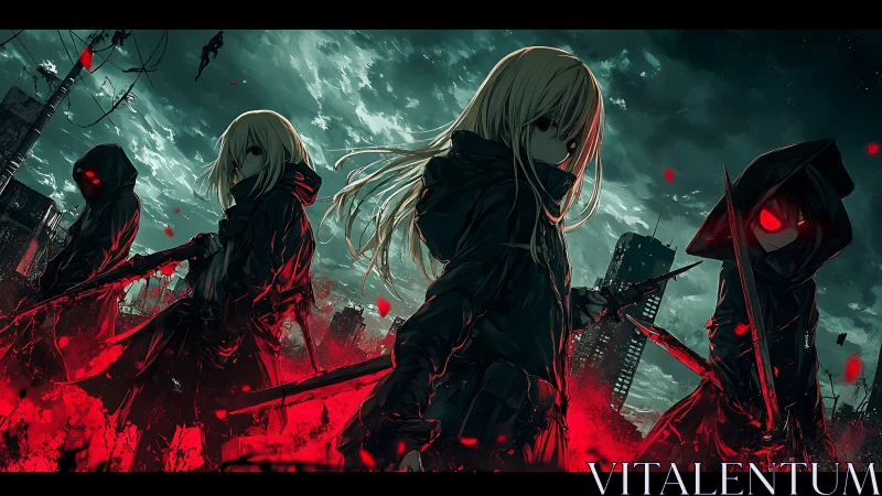 Blade choir under crimson rain in a drowned dystopia.