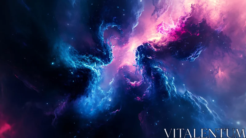 Cosmic clouds swirl in luminous blues and radiant pink light