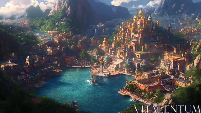 Sunlit Sapphire Harbor City crowned by golden hilltop palace.