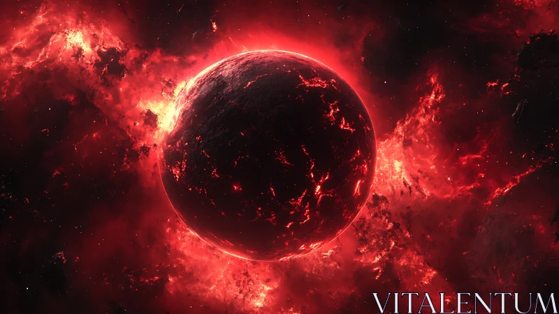 Incandescent red exoplanet rendered in high-contrast cosmic space