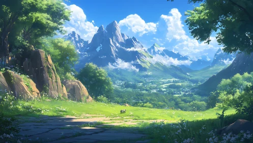 Valley meadow opens its sunlit arms to distant crystal peaks