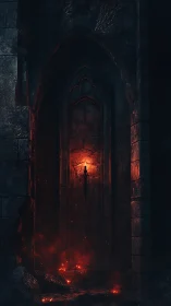 Gothic stone doorway with central torch and ember-lit floor