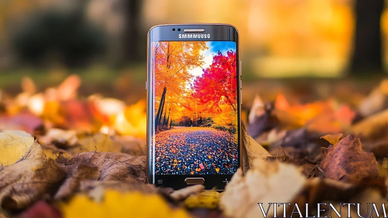Samsung smartphone displaying autumn landscape with fall foliage.