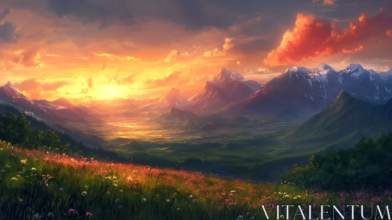 Sunlit alpine valley with glowing wildflower meadow at dusk.