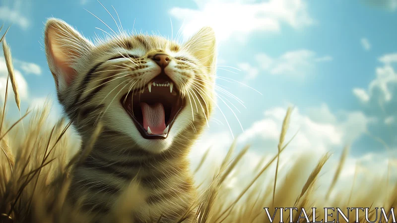 Euphoric Feline Revels in Golden Grasslands Under Azure Skies.