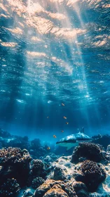 Sunlit shark glides gently through a glowing coral kingdom